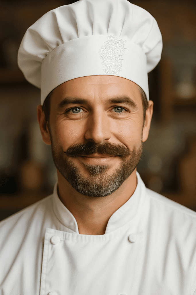 Portrait of Chef Aiden in a bright kitchen, wearing a white chef's coat and hat, with blue eyes, clean beard, and a rounded mustache