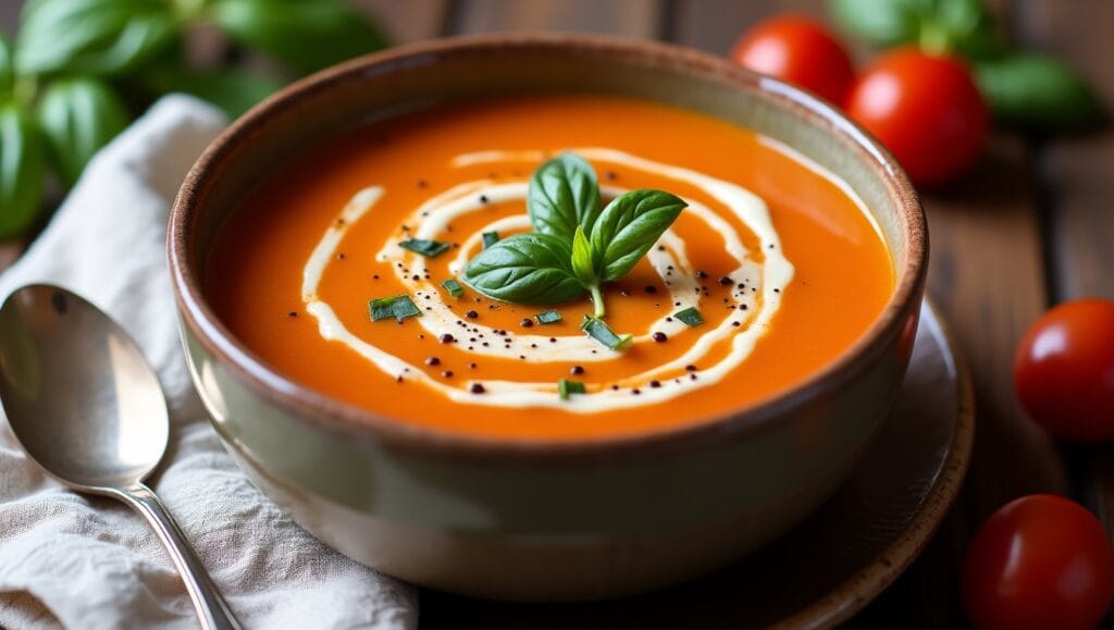 Creamy tomato basil soup with basil garnish