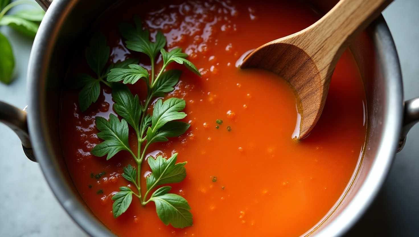 Tomato soup simmering in a pot