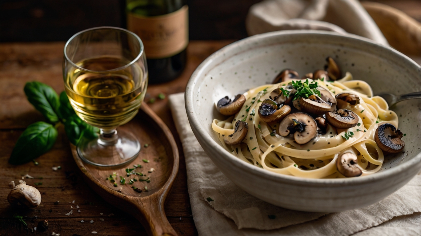 Creamy mushroom pasta in a white bowl with parmesan and herbs