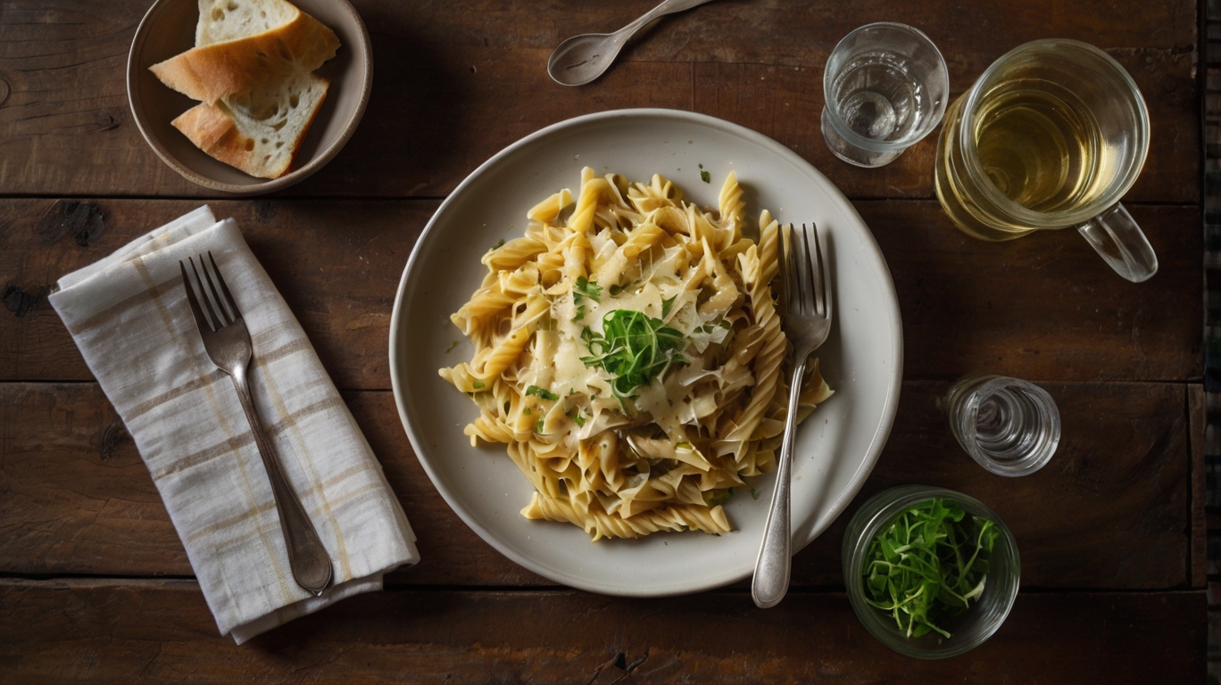 Garlic parmesan pasta served with salad and bread