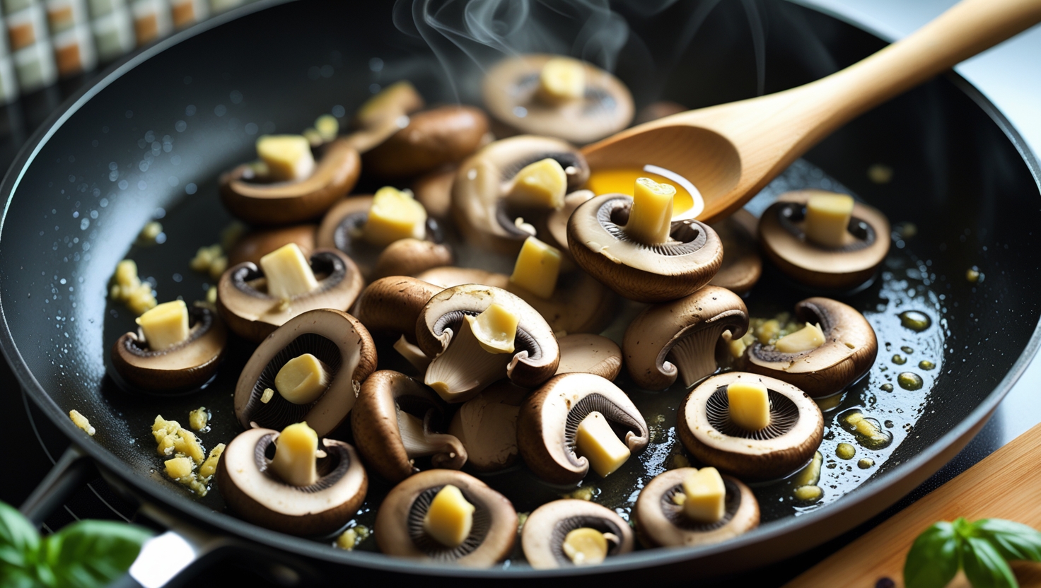 Mushrooms and garlic cooking in a pan