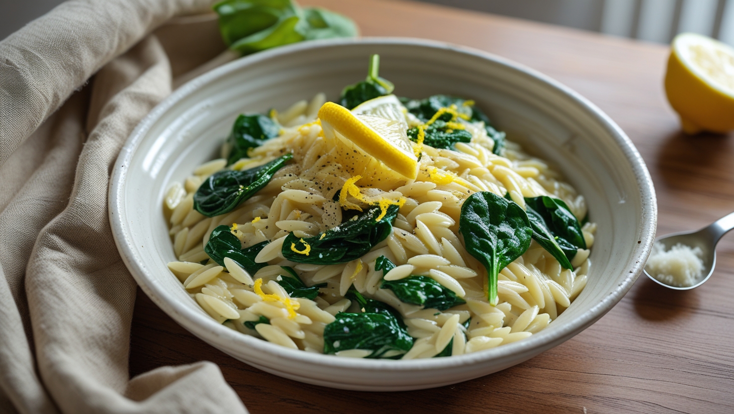 Lemon butter orzo with spinach and lemon zest