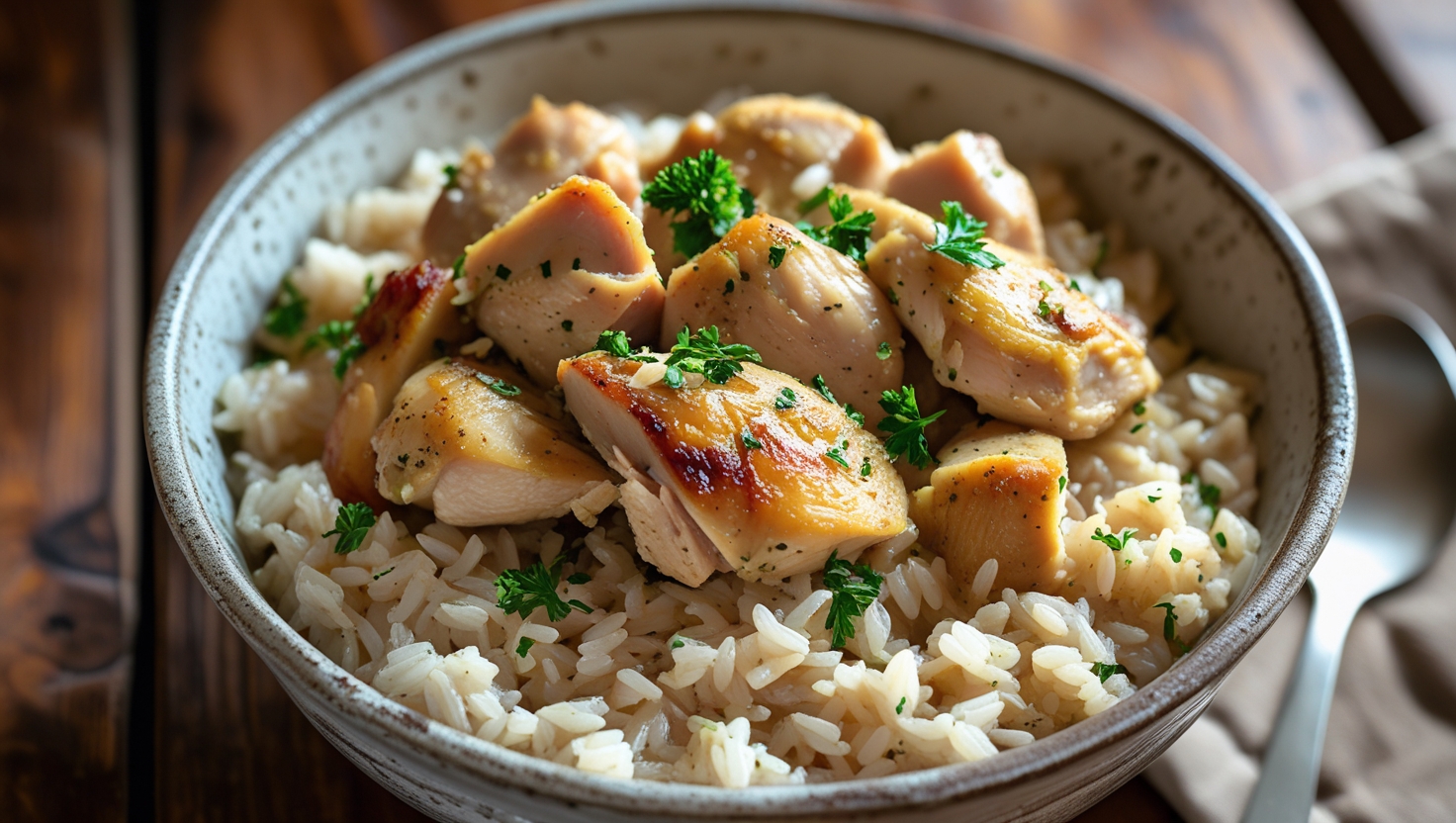 Chicken and rice in a bowl with parsley