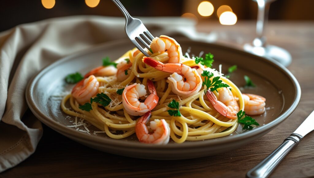Shrimp pasta served at a cozy dinner table with a fork and wine glass