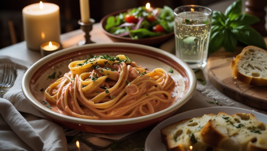 Tomato pasta dinner scene with bread and salad