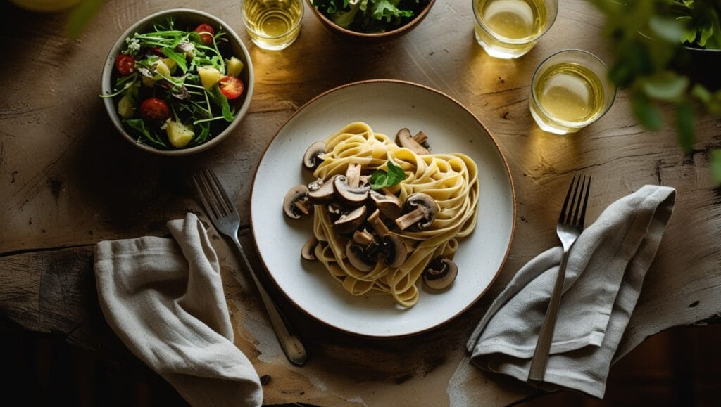 Table setup with creamy mushroom pasta and salad