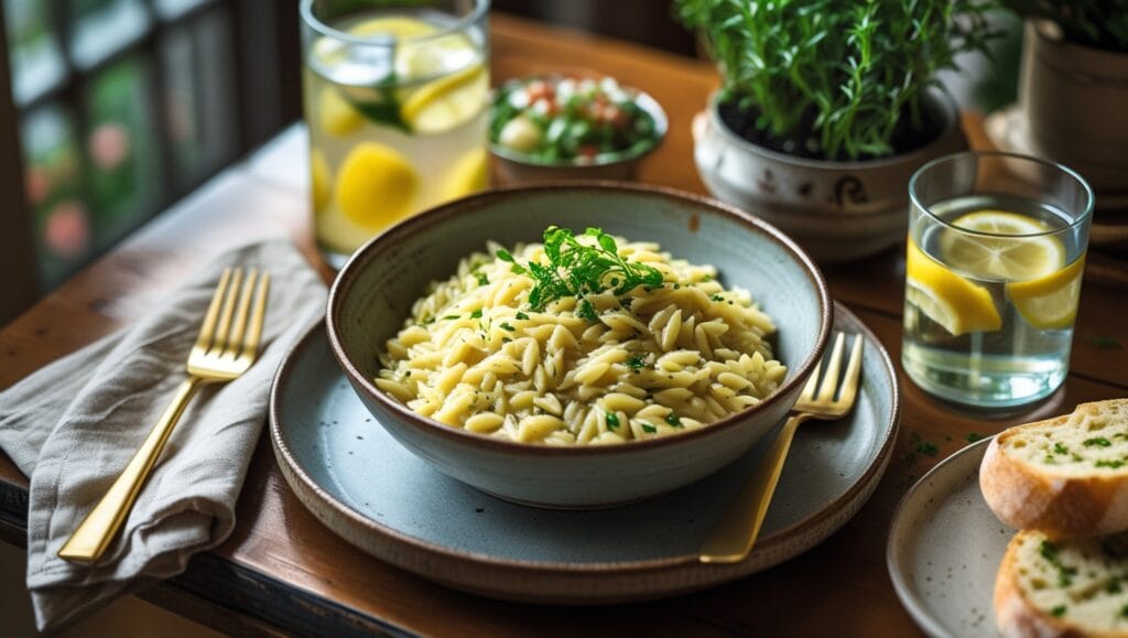 Dinner scene with lemon butter orzo and sides