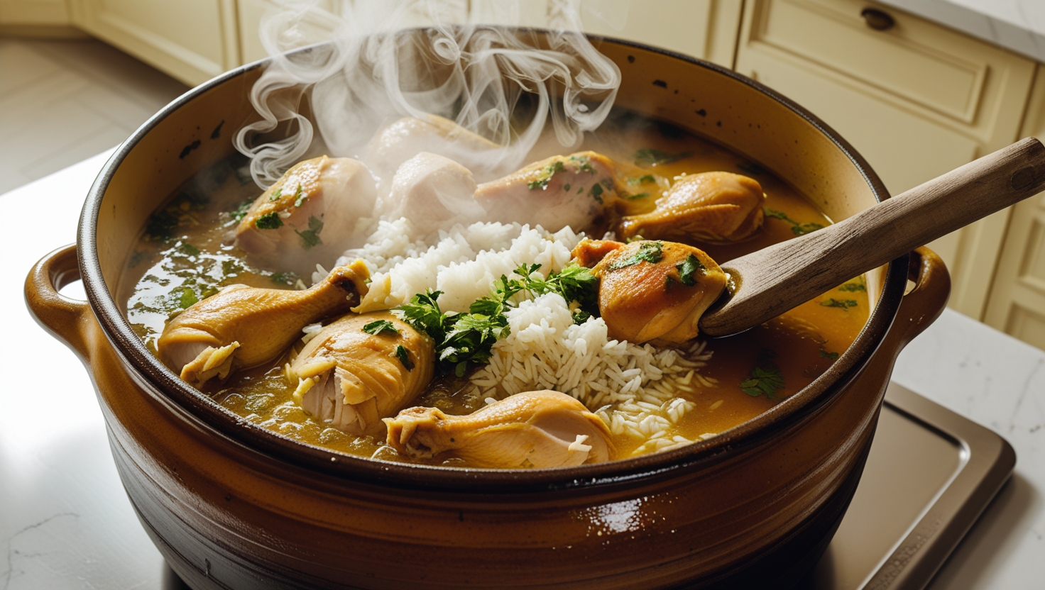 One-pot chicken and rice simmering in a pot