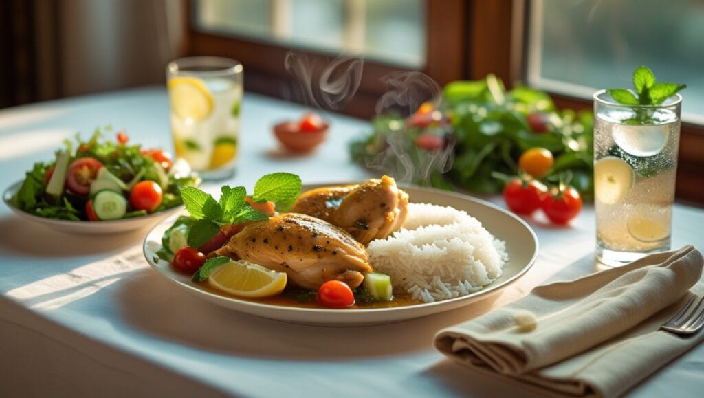 Chicken and rice meal with salad on a table