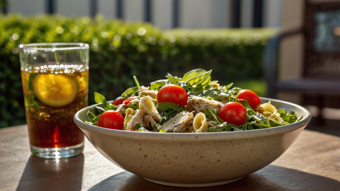 Cold chicken pesto pasta salad with arugula and cherry tomatoes in a serving bowl