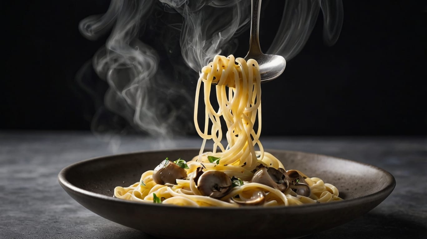 Fork twirling creamy garlic mushroom pasta with steam