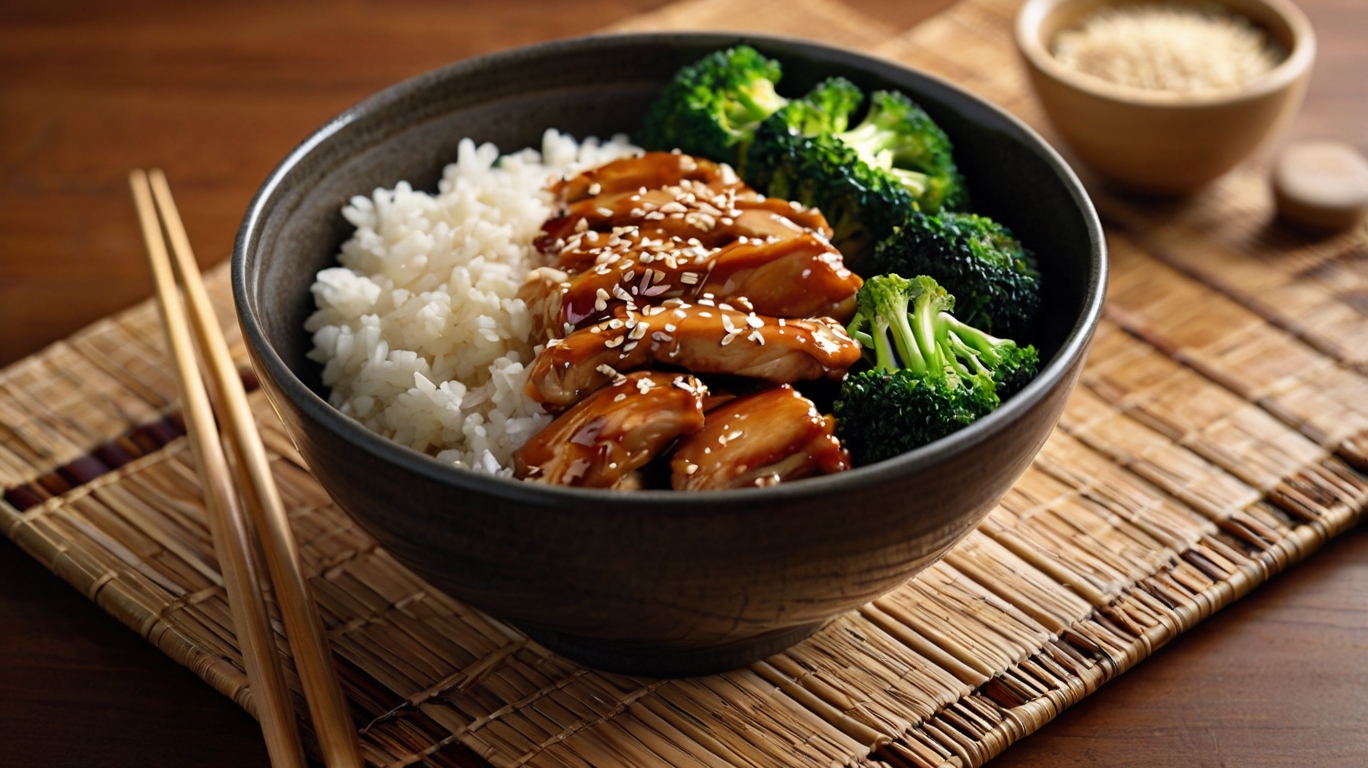 Chicken teriyaki rice bowl with vegetables and sesame seeds