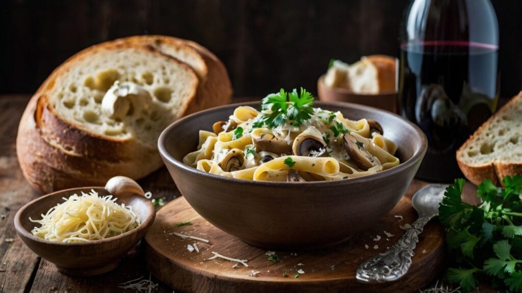 Creamy garlic mushroom pasta served with parsley and parmesan