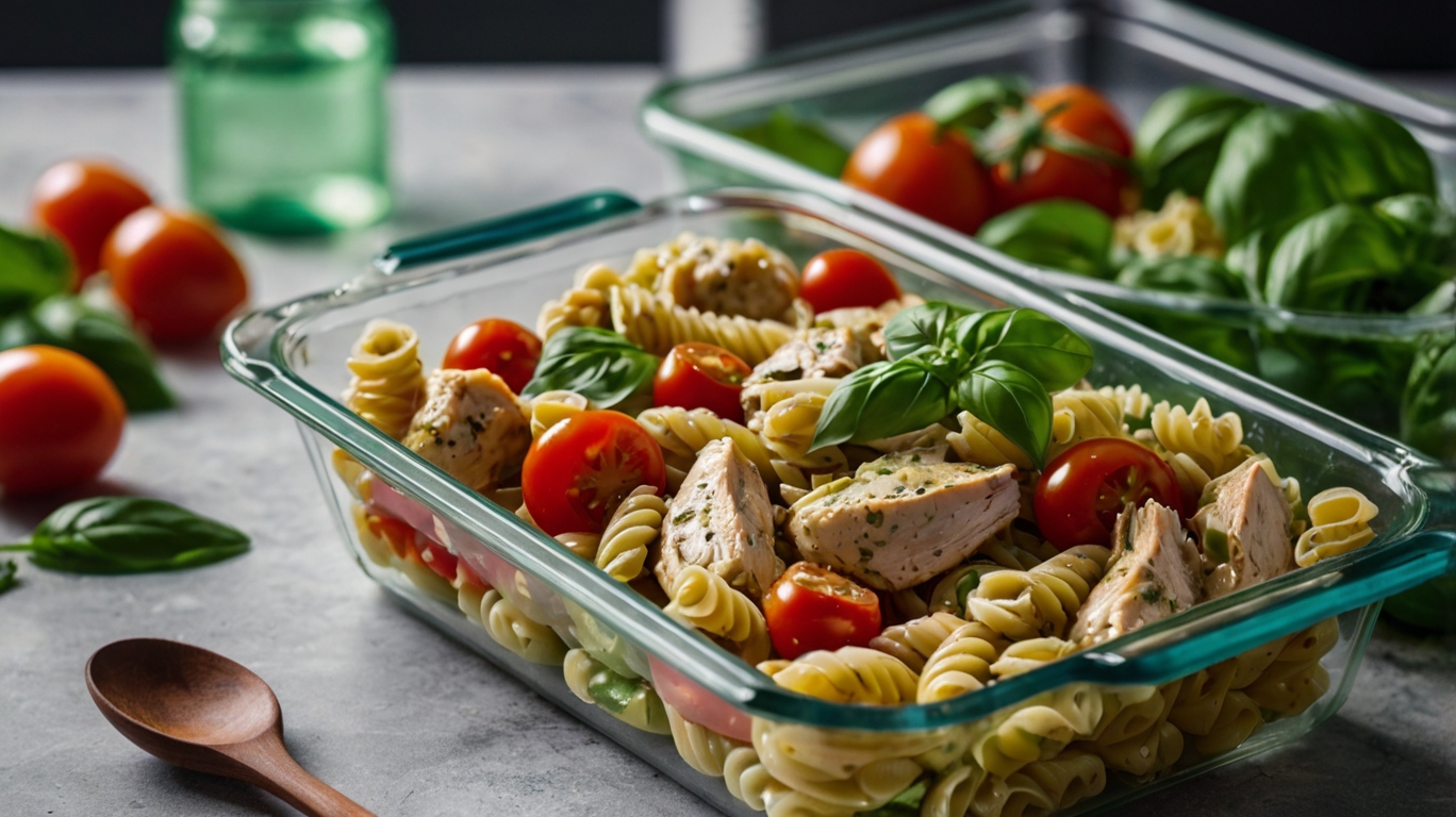 Chicken pesto pasta salad in reusable glass containers for meal prep