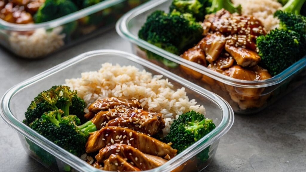 Chicken teriyaki bowls portioned for meal prep with rice and vegetables