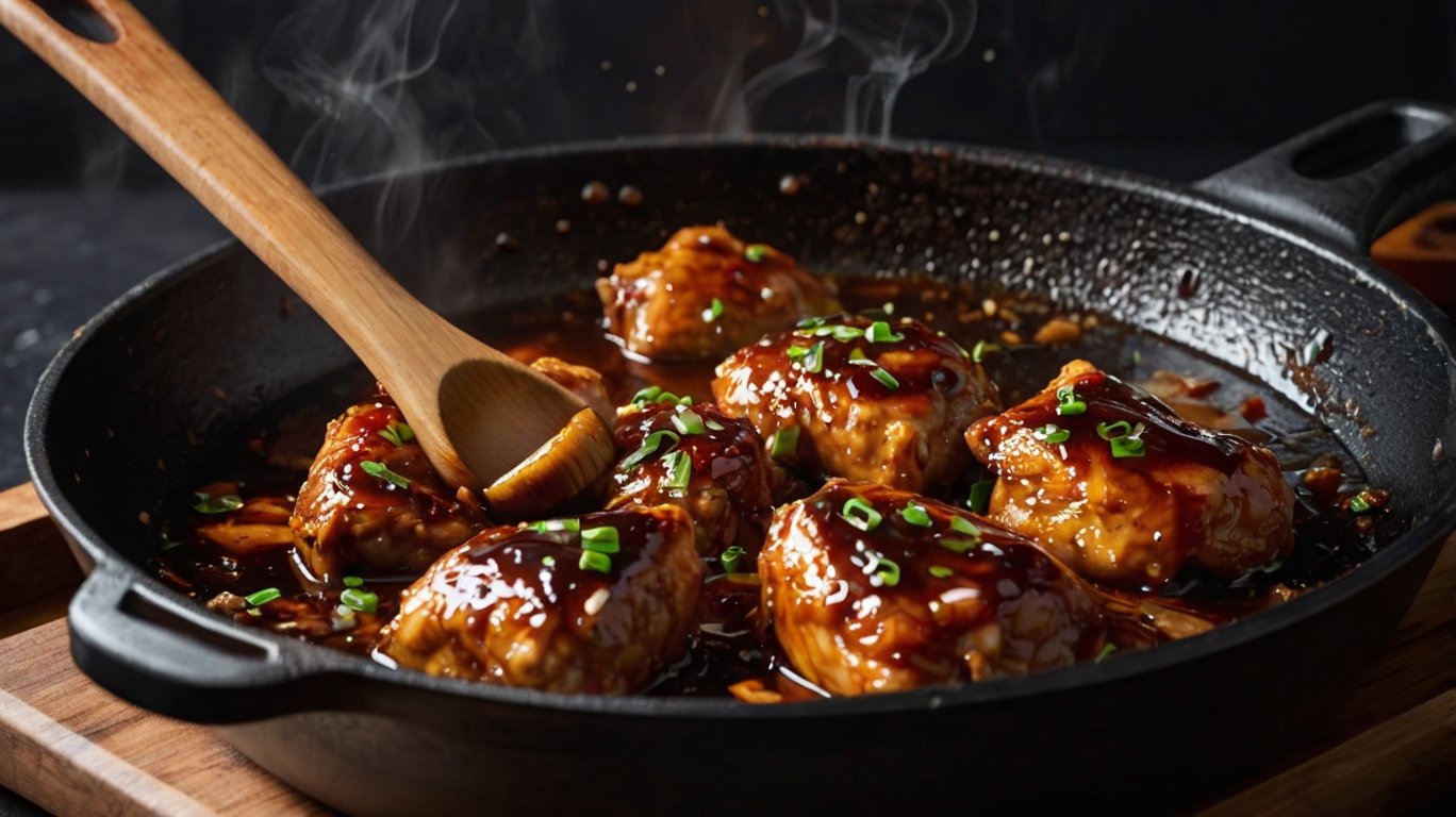 Chicken thighs cooking in a thick teriyaki glaze