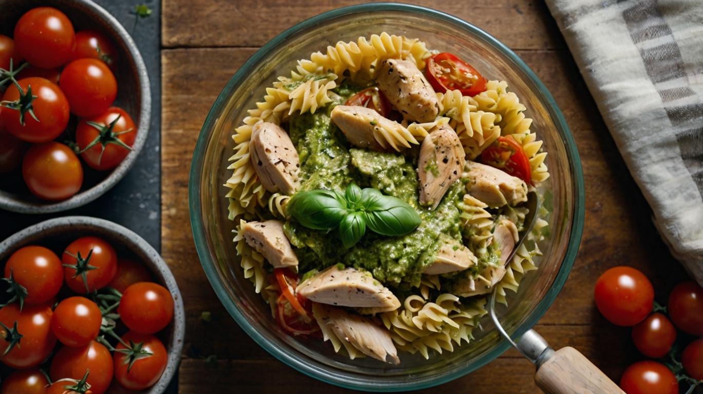 Tossing chicken, pasta, and pesto in a mixing bowl