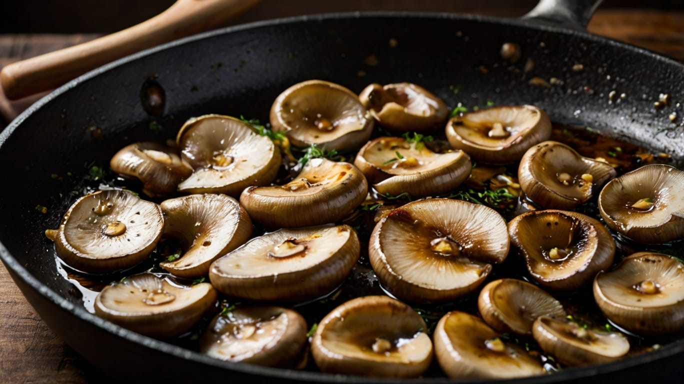 Mushrooms sautéing in olive oil and garlic in a skillet