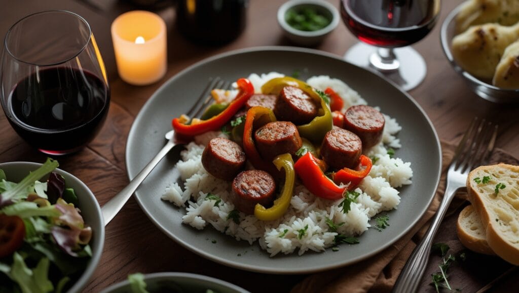 Sausage and peppers served with rice and salad