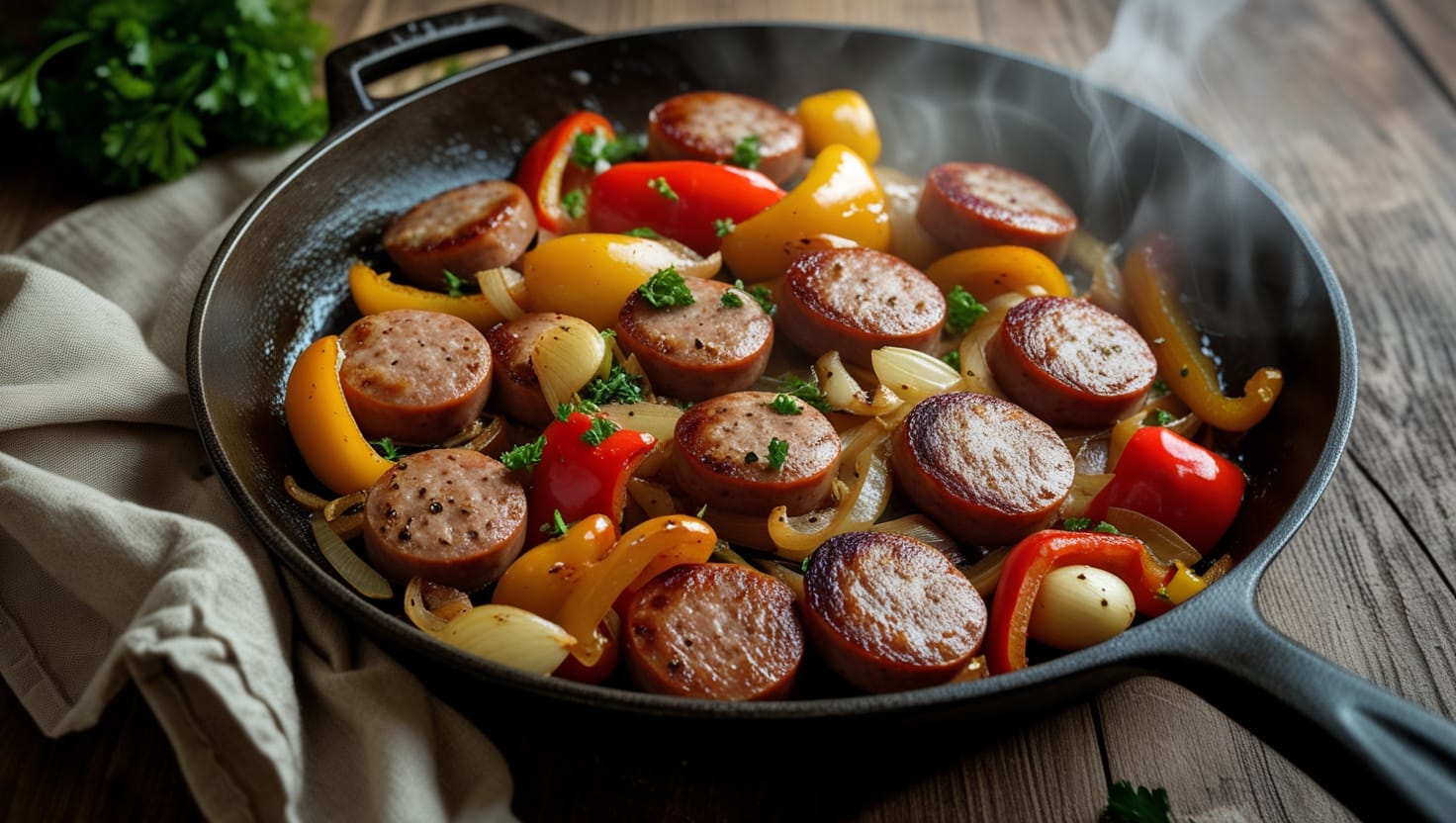 One skillet sausage and peppers in a rustic pan with herbs