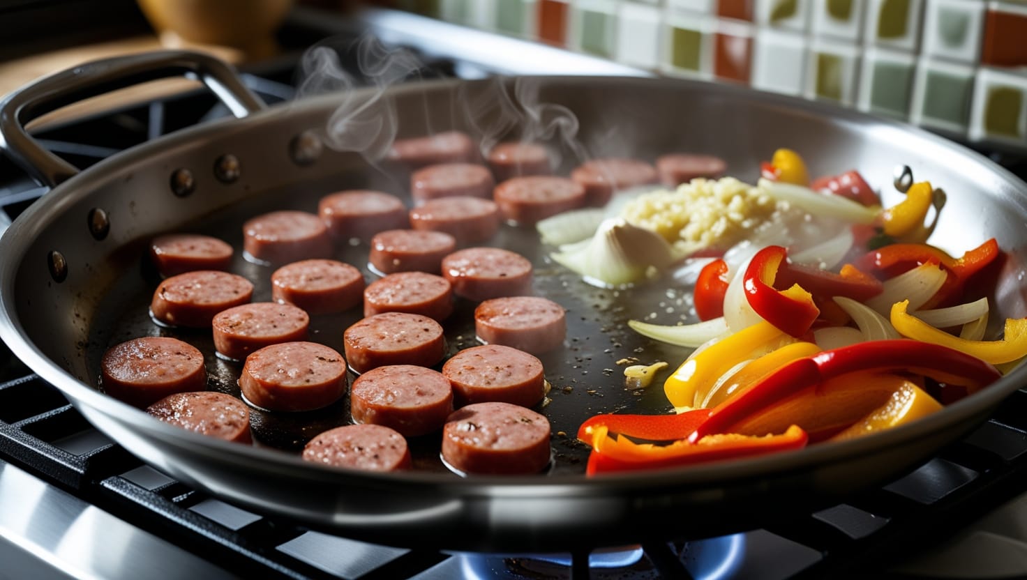 Sausage and vegetables cooking in one skillet